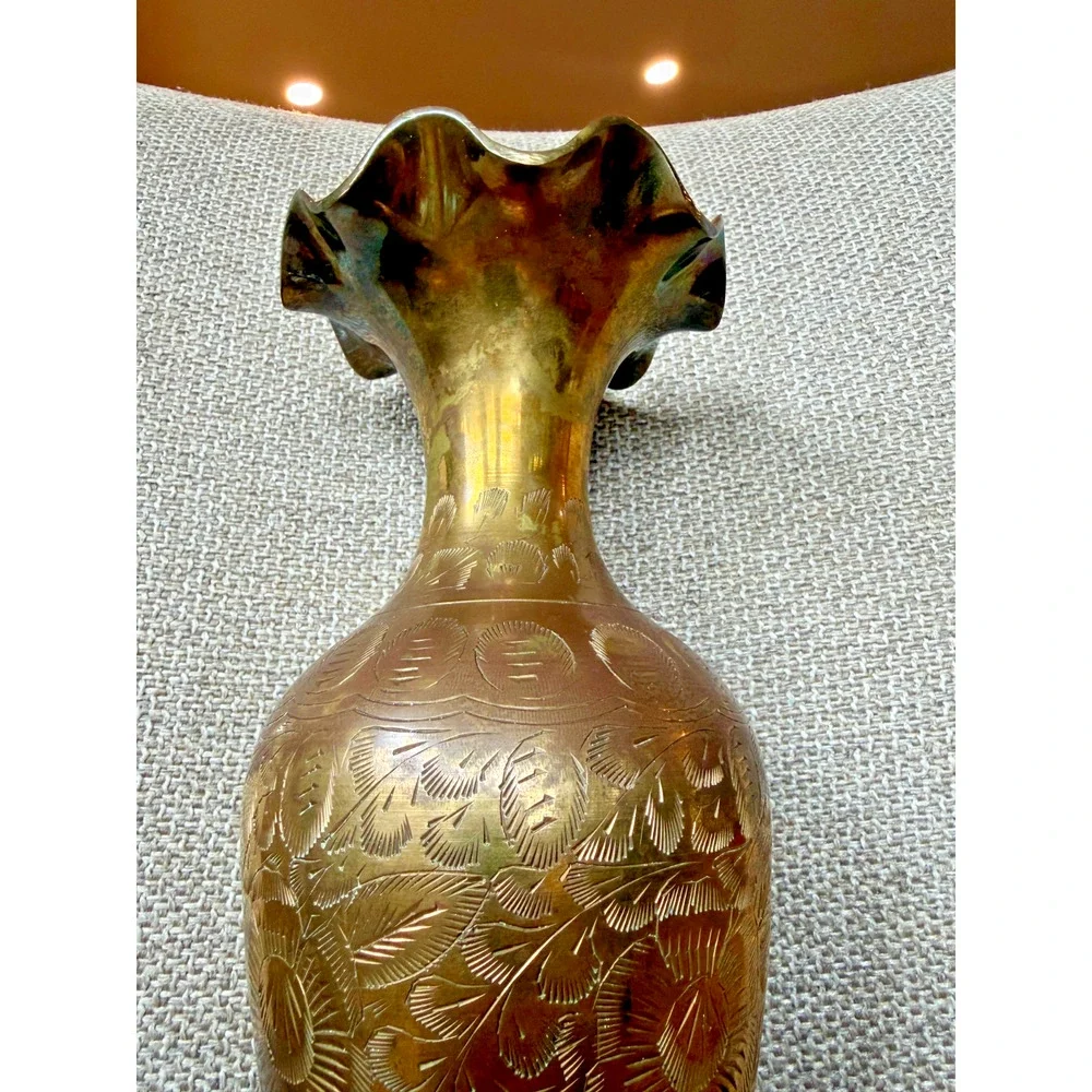 Vintage Saudi Arabia Brass Vase Hand Engraved Palm Tree Crossed Swords 12